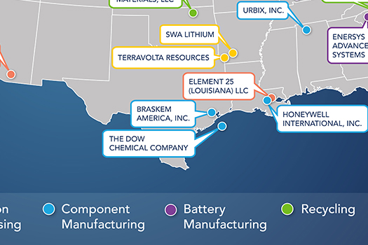 Cropped image of map showing some of the key and projects in the southern U.S.