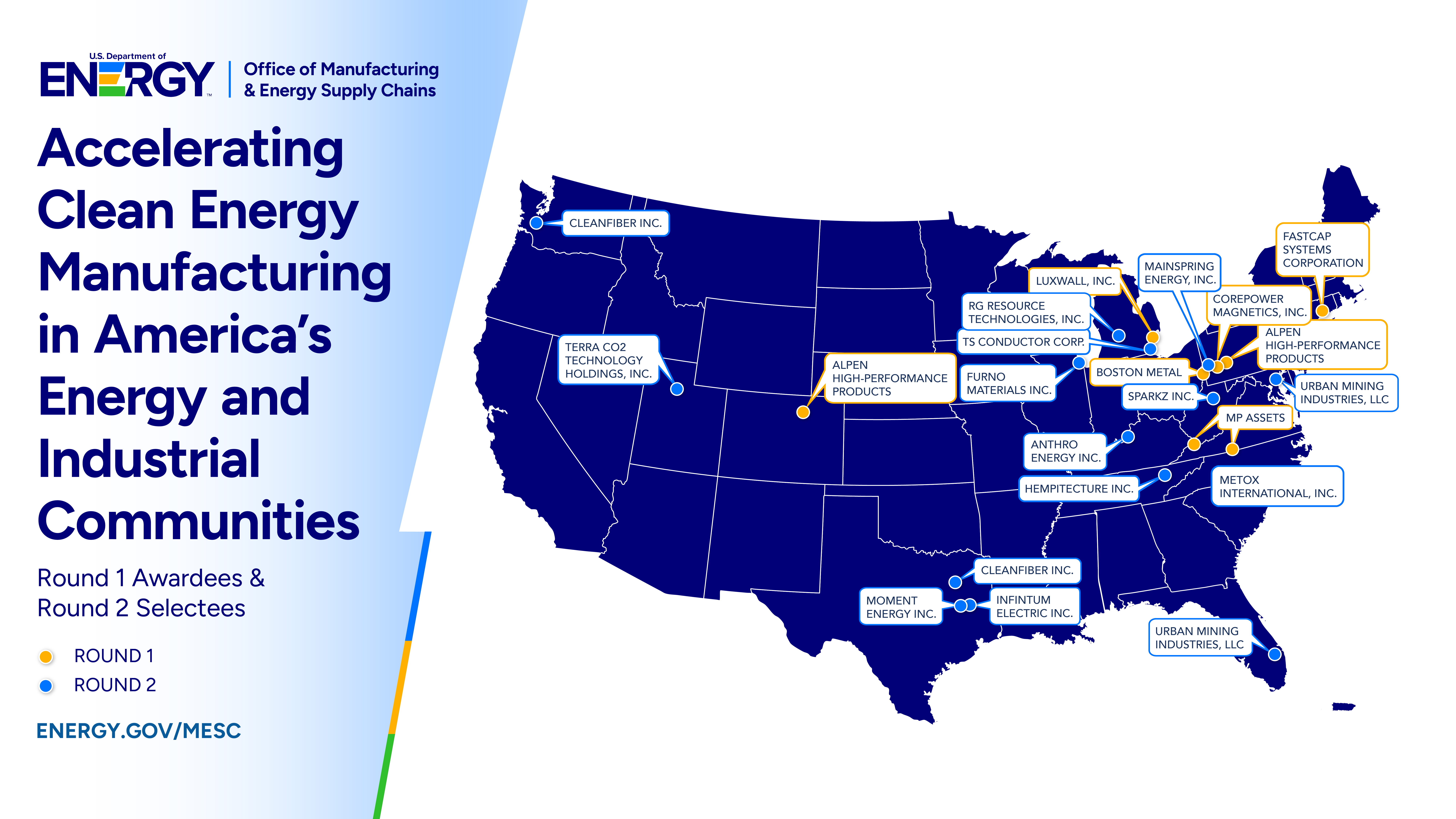 Map showing Round 1 and Round 2 Company locations for Accelerating Clean Energy Manufacturing in America's Energy and Industrial Communities across the U.S.