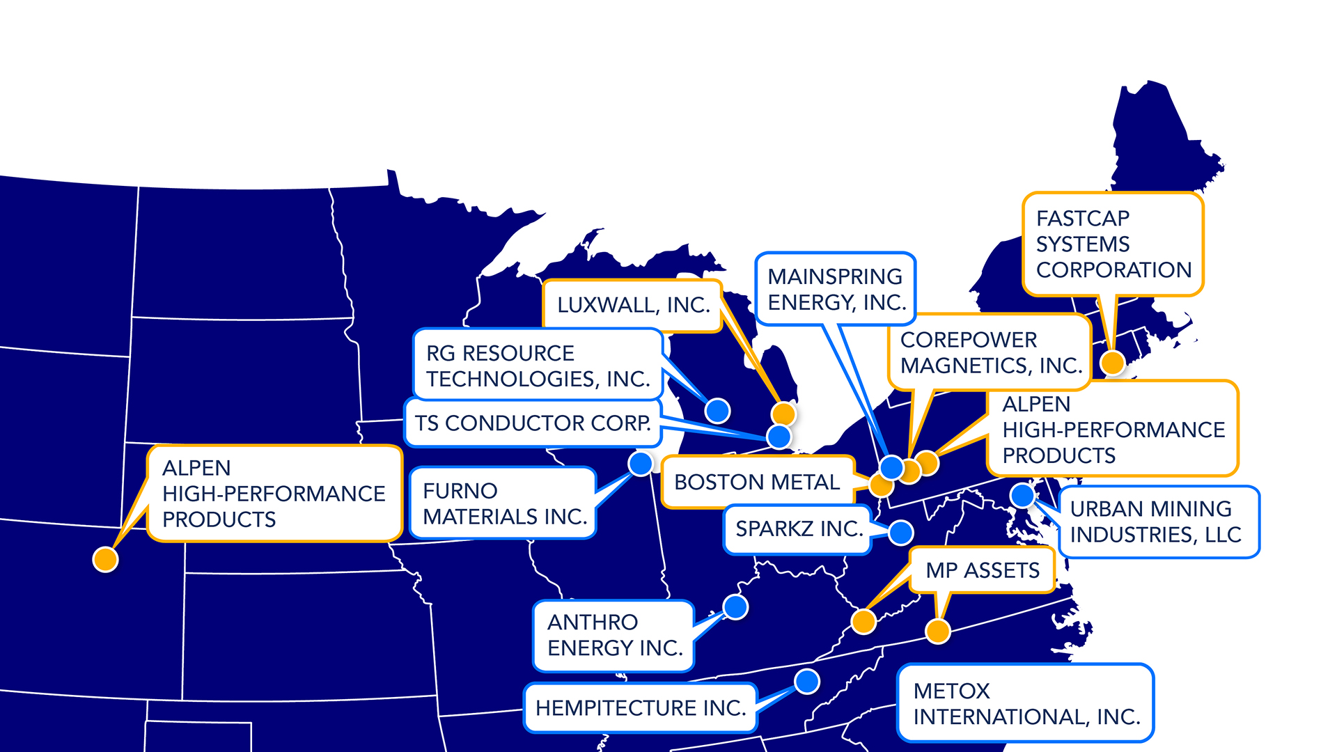 Cropped image of U.S. map showing company locations on the east coast.