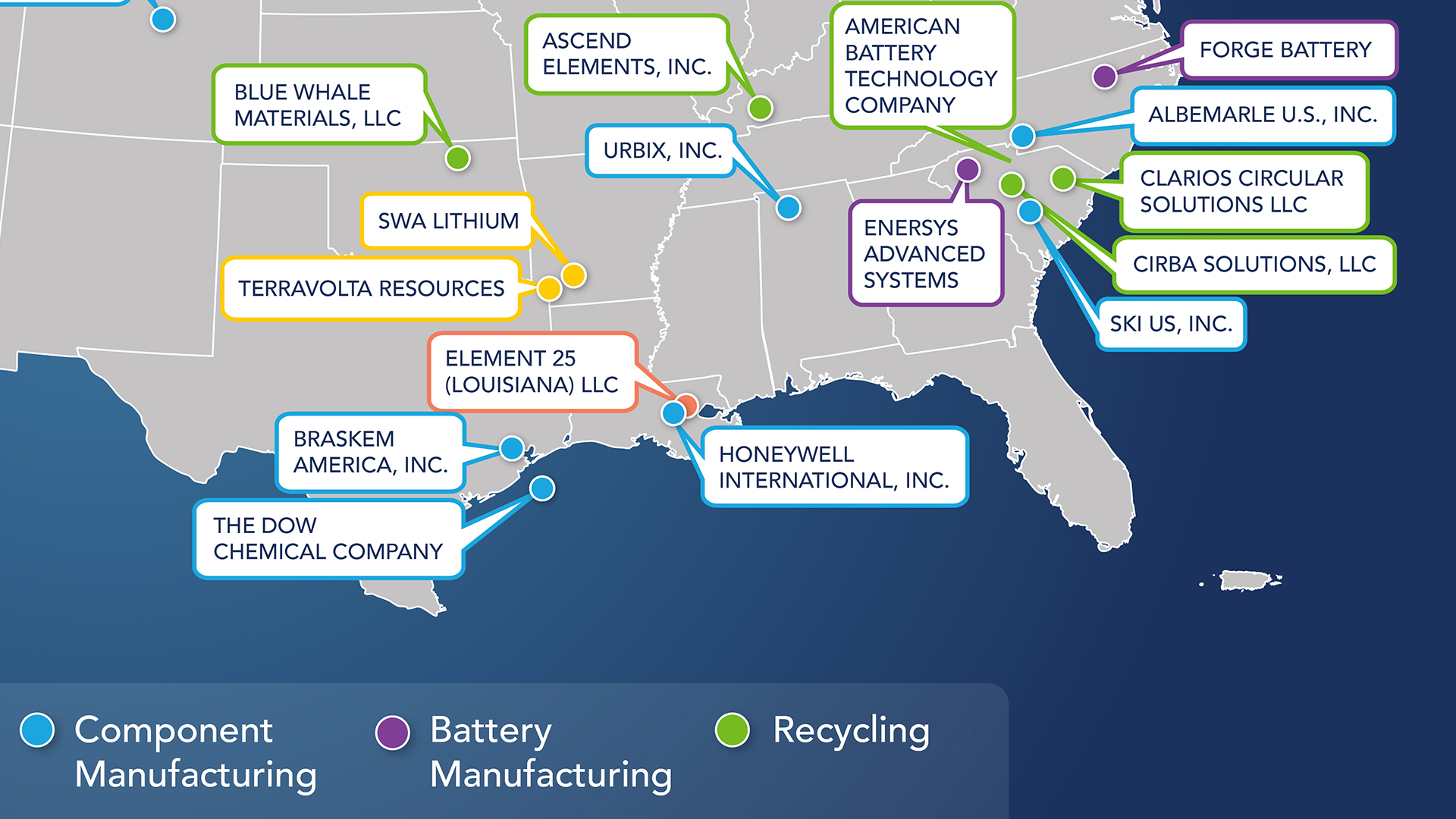 Cropped image of U.S. map showing color-coded Round 2 company locations in the southern U.S.