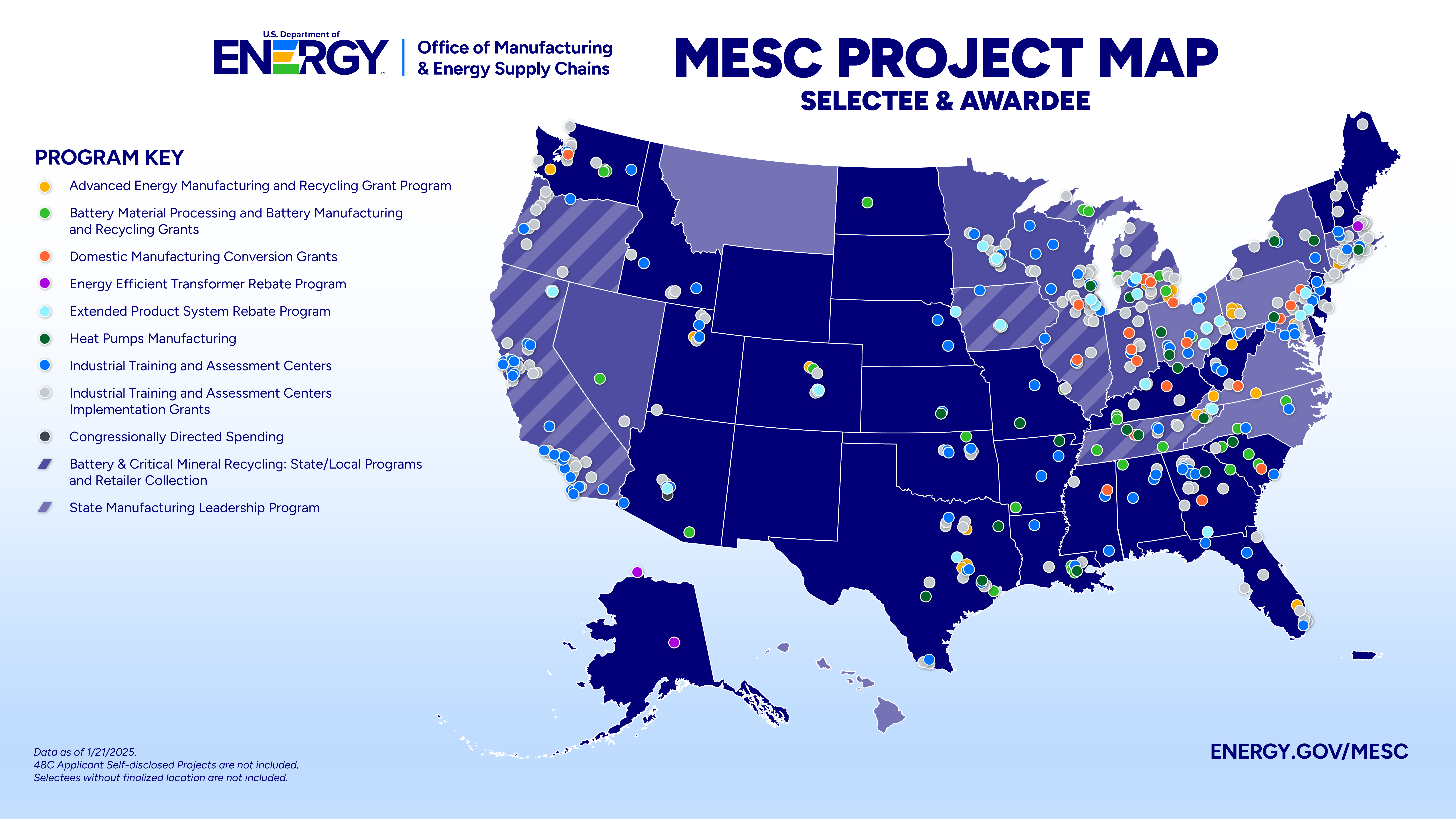 Project portfolio map of the United States with uniform-sized points in various colors.