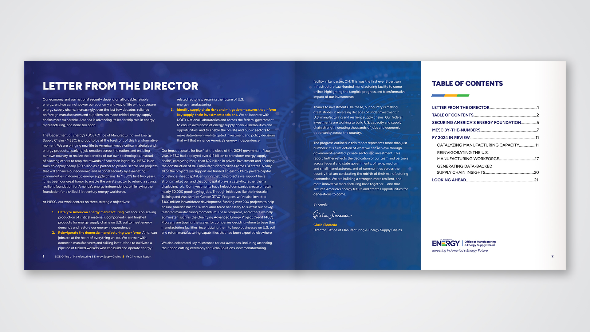 Letter from MESC's Director and Table of Contents.
