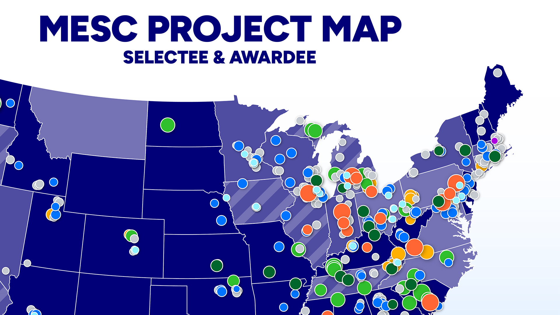 Closeup view of the map showing color and project funding size variation.
