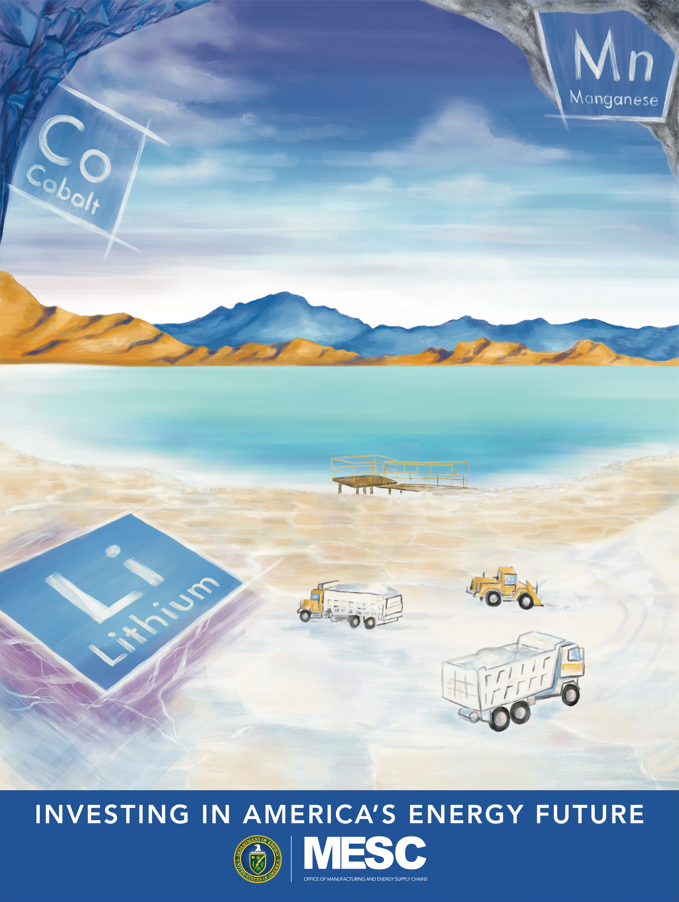 Image of critical minerals and a brine mining site with the tagline Investing in America's Energy Future and the MESC logotype.