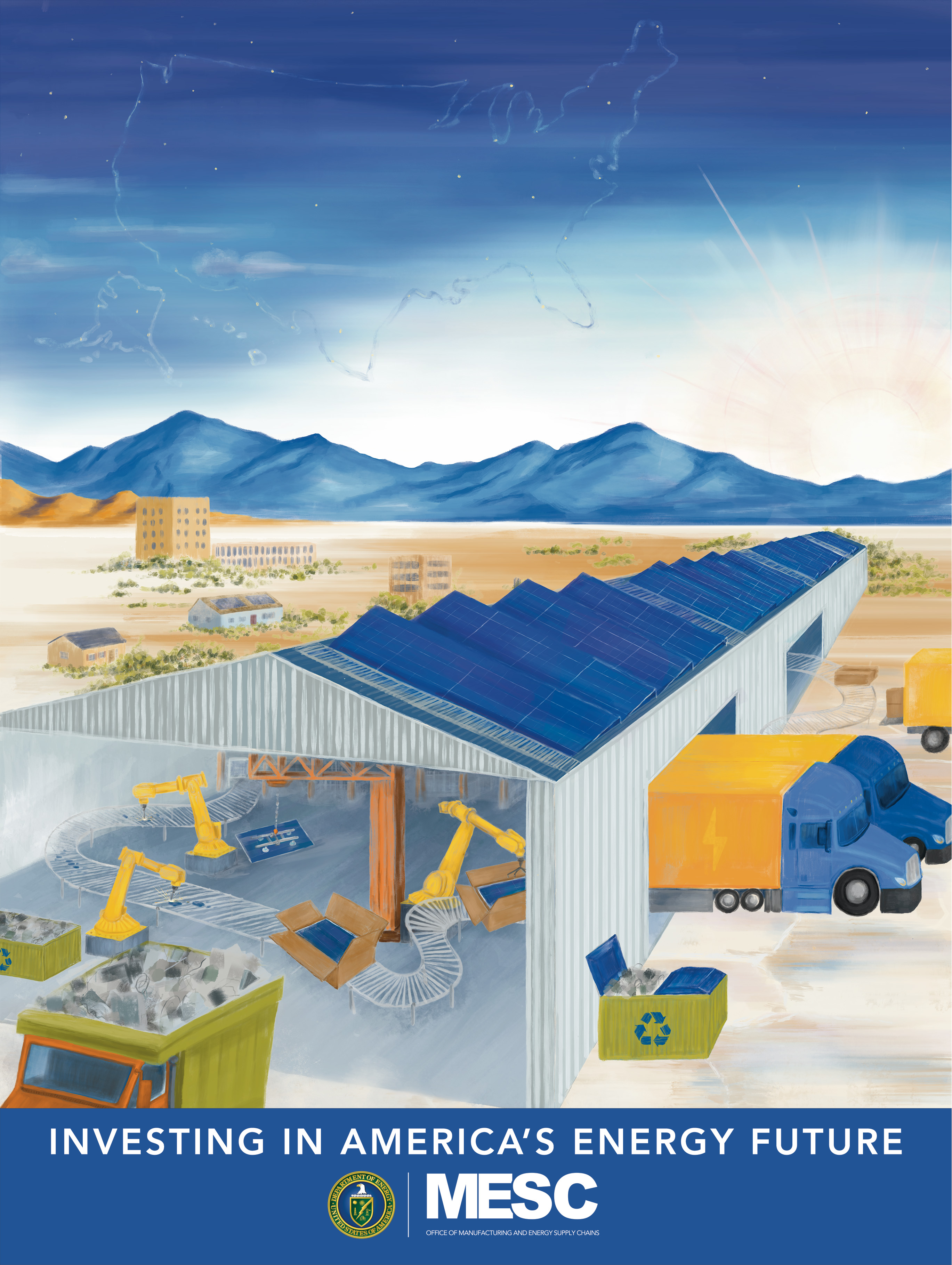 Image of a warehouse processing recycled materials and components for solar panels, lading them into trucks with mountains in the background and stars in the sky that make a U.S. mpa.