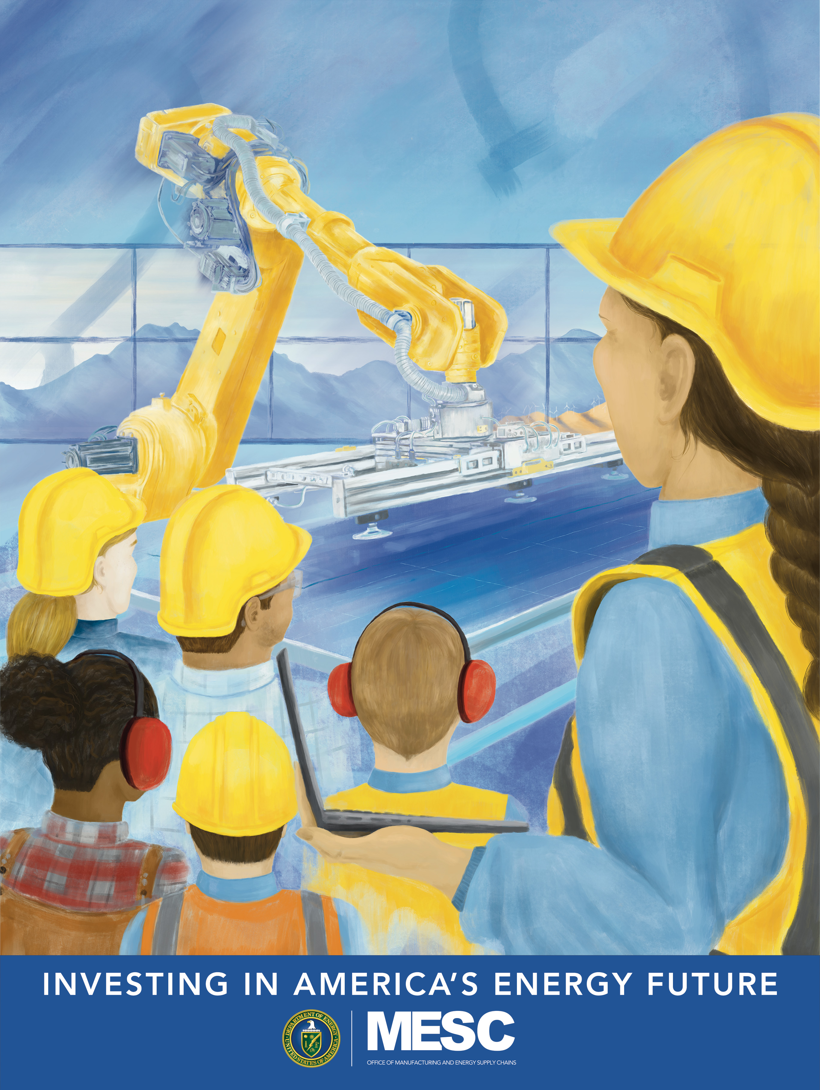Image of female worker with a laptop and a group of diverse workers in a factory setting.
