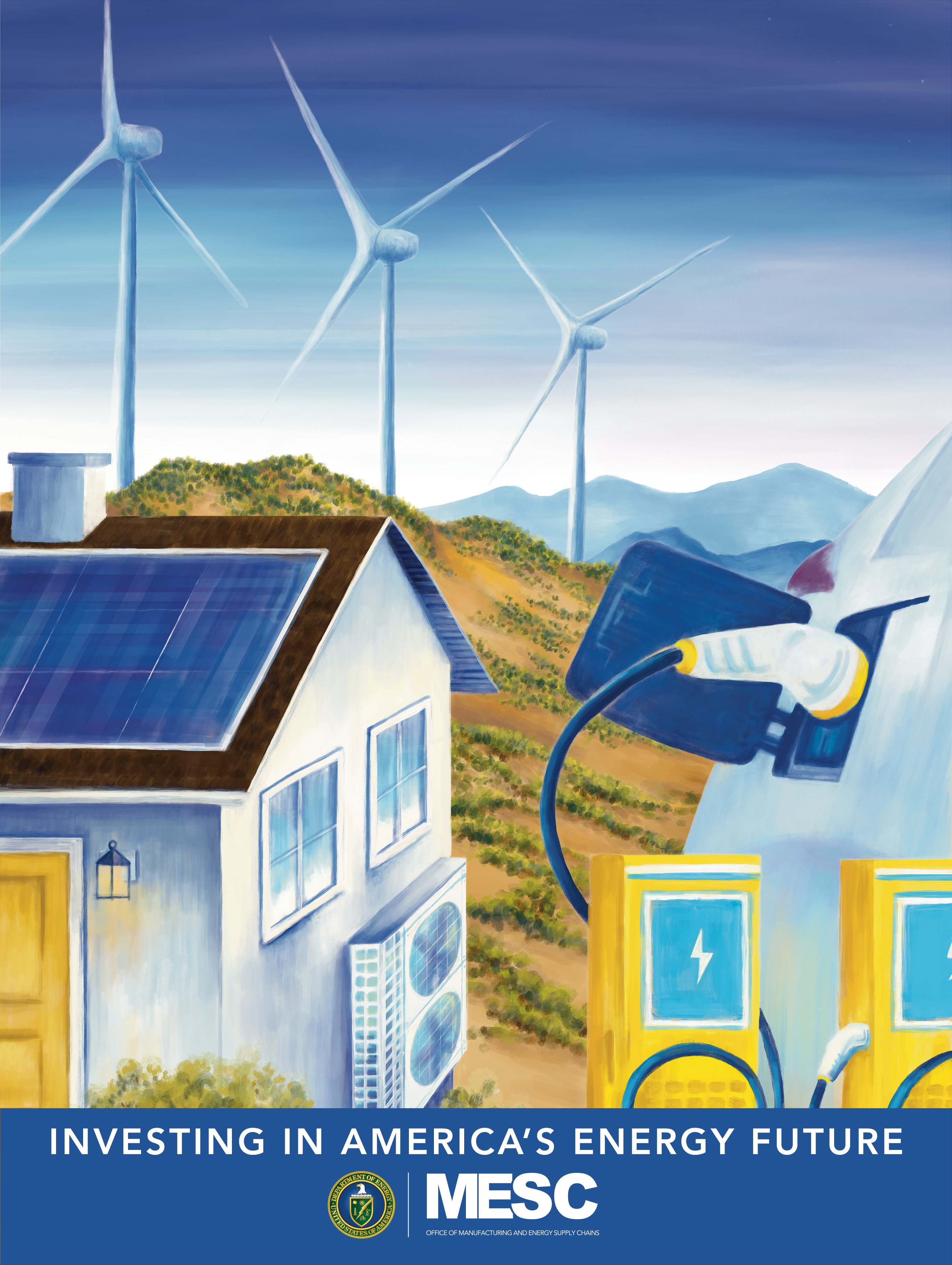 Image of a home with a heat pump, an electric vehicle plugged into a charging station, and wind turbines on a mountaintop.