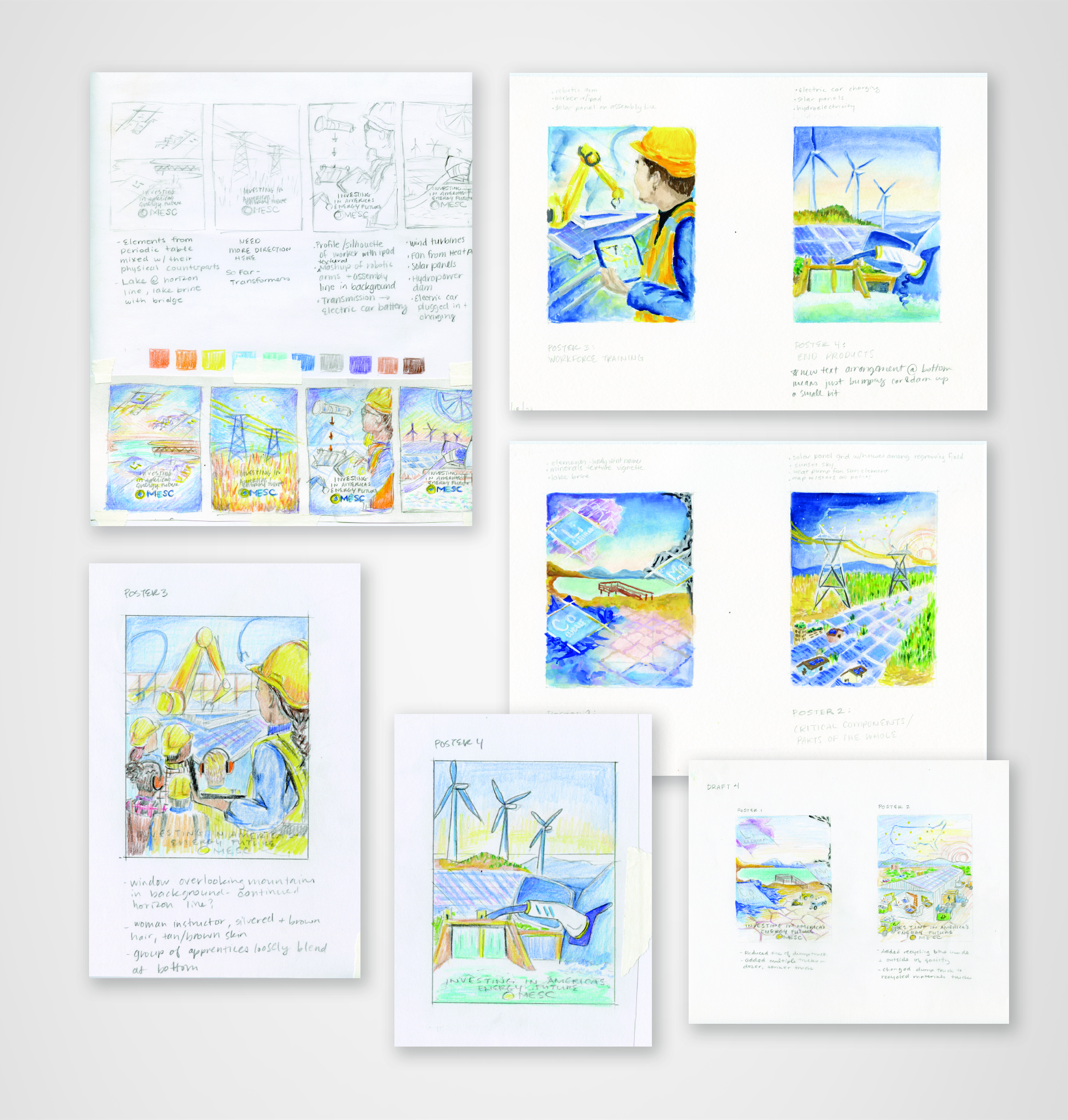 Initial concept sketches (graphite, colored pencil, gouache) for the MESC posters.