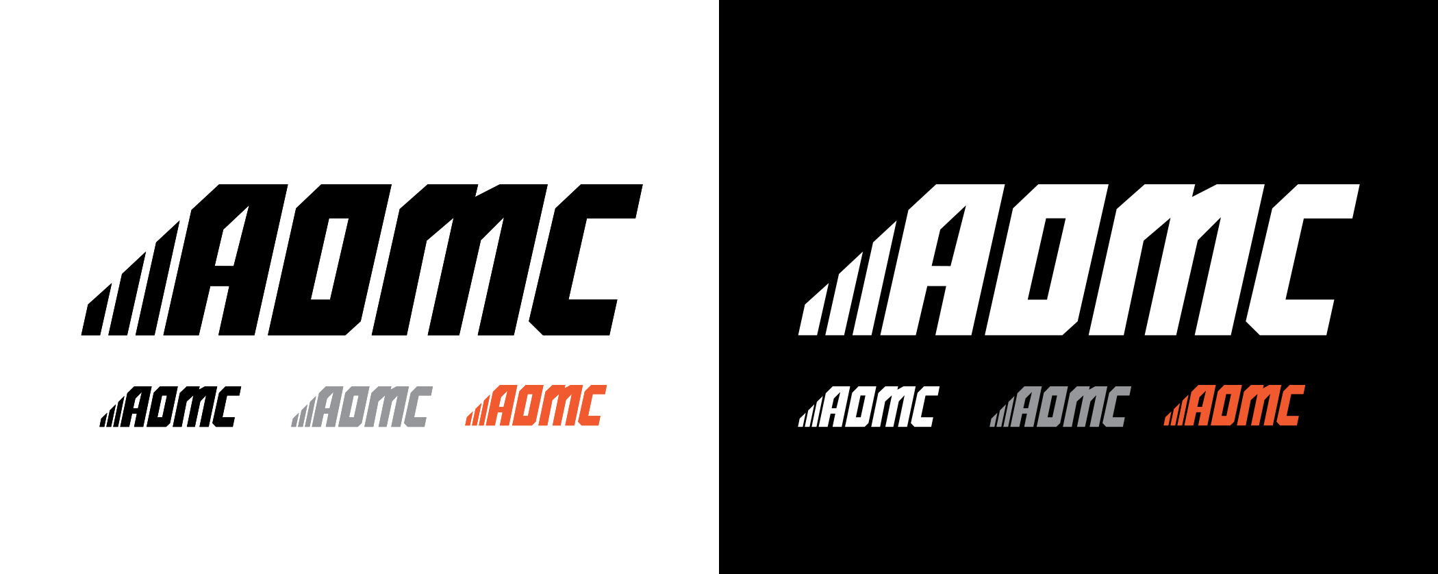 Single color variations of the AOMC logo on black and white backgrounds.
