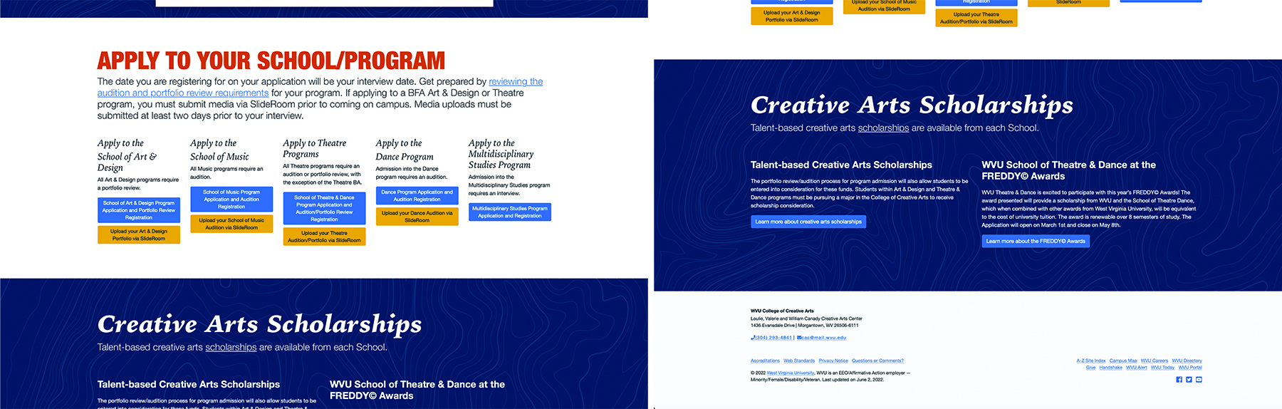 Image of page broken into sections. Individual steps for applying to a School and uploading audition and portfolio materials are now more clear.
