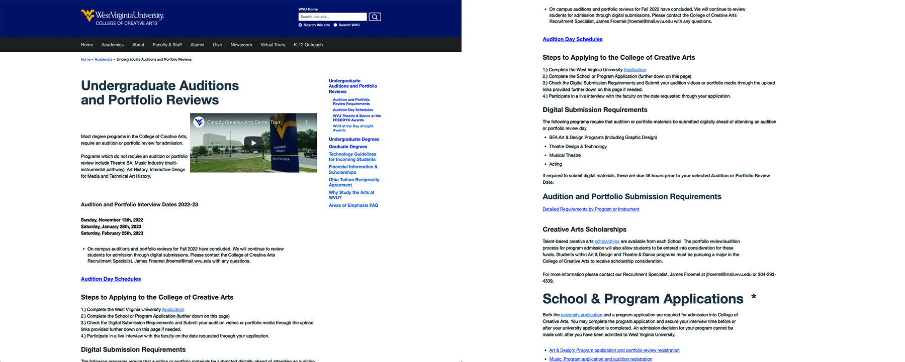 The former audition and portfolio day page lacked an informational and visual hierarchy.