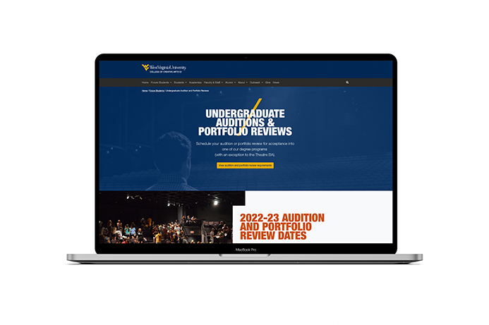 New audition and portfolio day landing page mockup on a laptop.