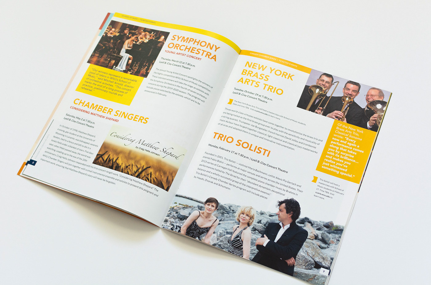 A spread from the Curiosity Series booklet featuring music events.