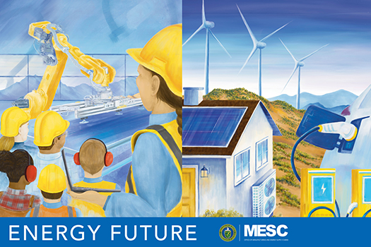 Cropped image of two out of four poster illustrations with a banner that reads Energy Future and the MESC Logo.