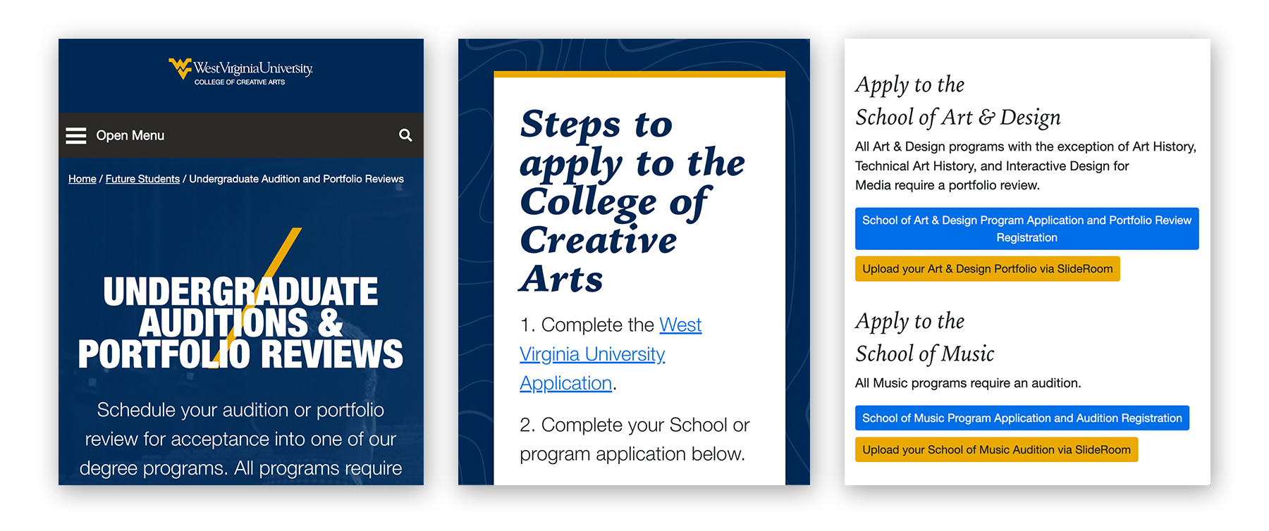 View of the new audition and portfolio landing page on a mobile device.