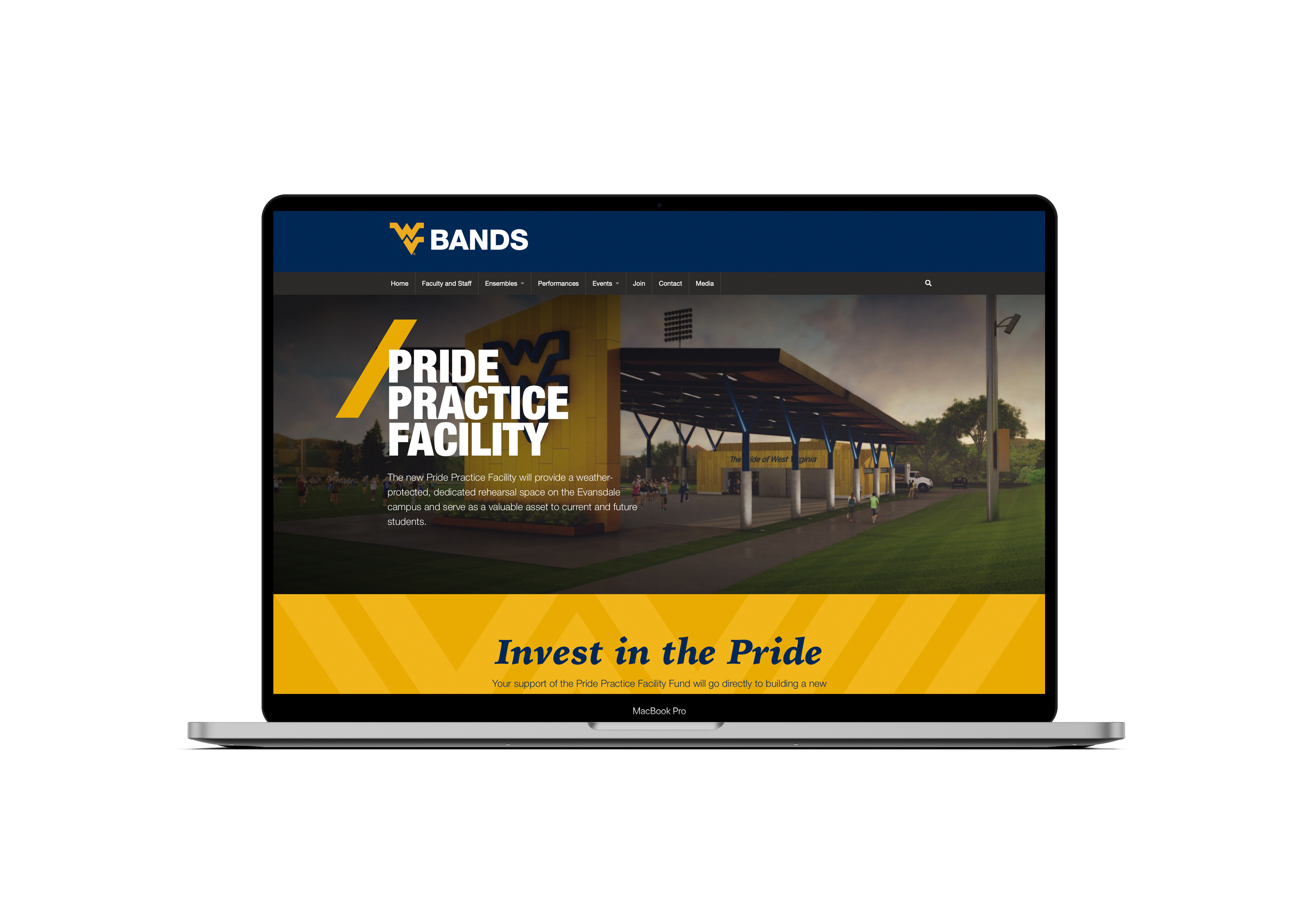 Pride Practice Facility landing page mockup on a laptop.