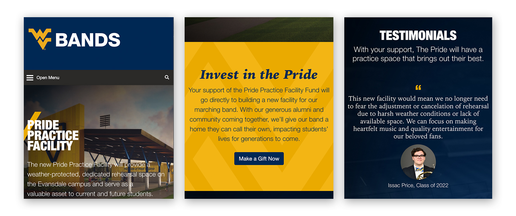 View of the Pride Practice Facility landing page on a mobile device.