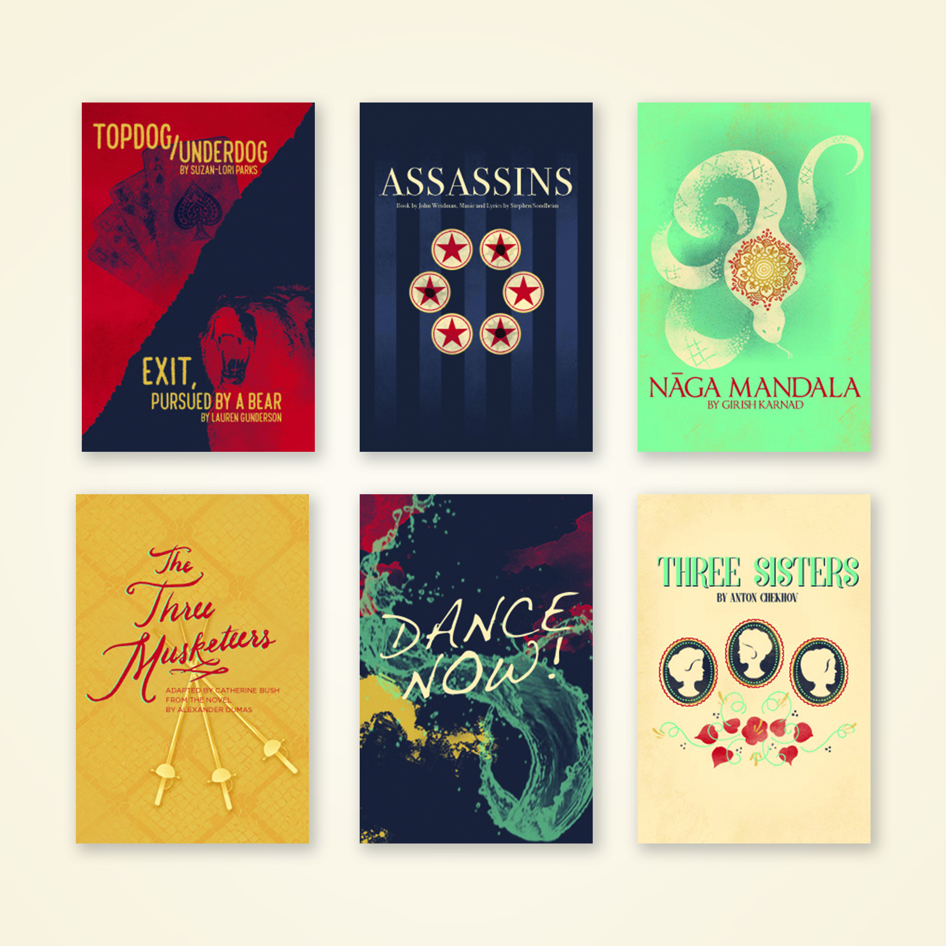Six final posters for the 2017-18 Theatre & Dance main-stage season.