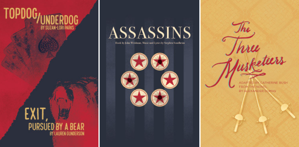 Posters for Topdog/Underdog and Exit Pursued by a Bear, Assassins, and The Three Musketeers.
