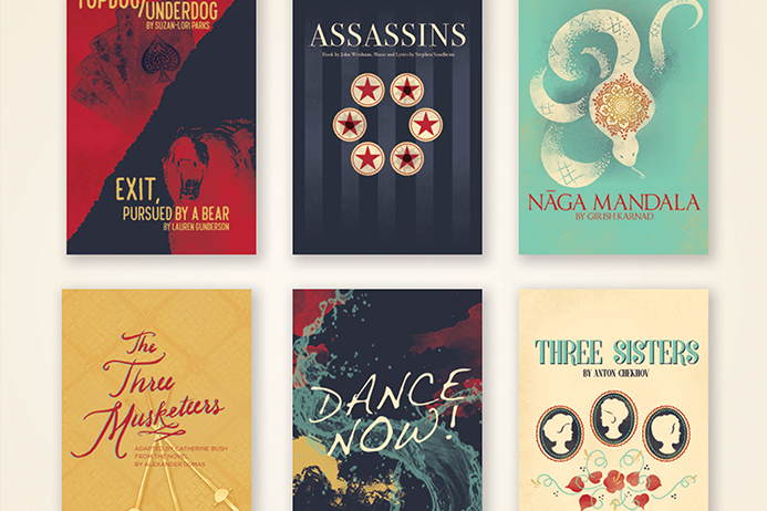 Cropped image of six final posters for the 2017-18 Theatre & Dance main-stage season.
